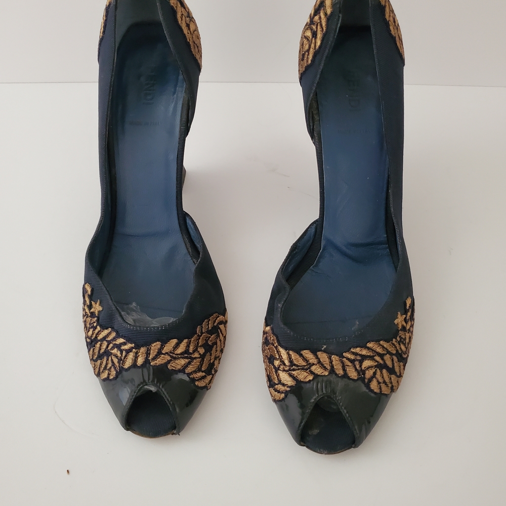 Fendi Navy and Gold Platform Peep-Toe Shoes